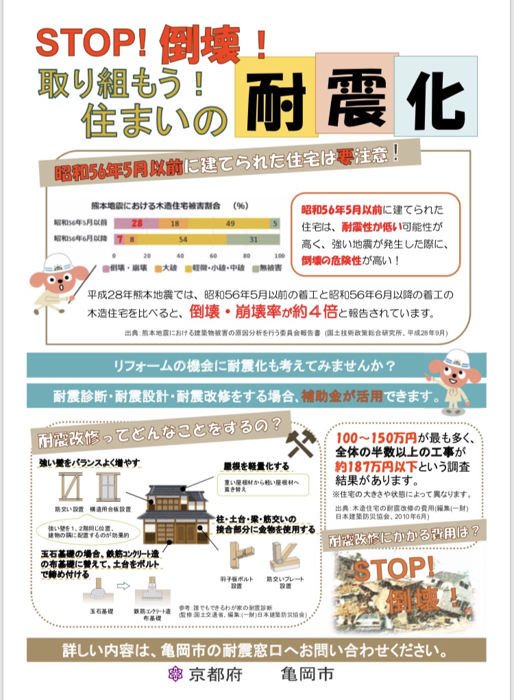 亀岡市 木造住宅の耐震改修工事 補助金制度の変更 補助上限額が100万円になります 一級建築士のリノベーション 耐震診断 間取り 設計 住宅の話